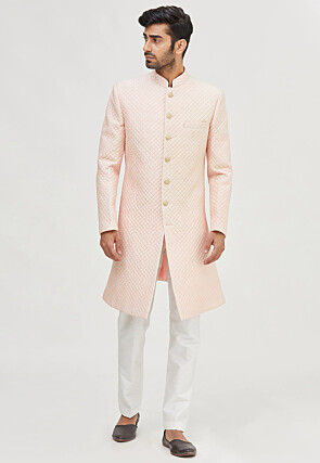 Quilted Art Silk Sherwani in Peach