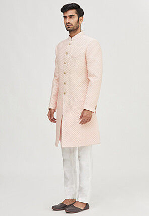 Quilted Art Silk Sherwani in Peach