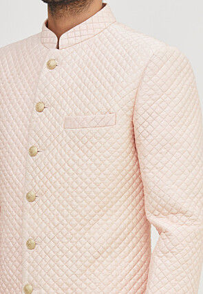 Quilted Art Silk Sherwani in Peach