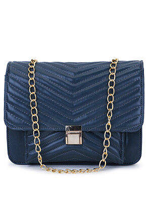 Quilted PU Hand Bag in Navy Blue