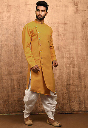 Quilted Scuba Asymmetric Sherwani in Mustard