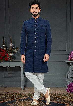 Quilted Scuba Sherwani in Navy Blue