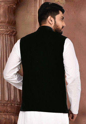 Quilted Velvet Nehru Jacket in Dark Blue