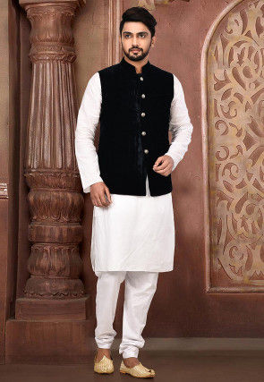 Quilted Velvet Nehru Jacket in Dark Blue