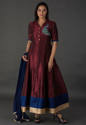Resham Bhagalpuri Silk Abaya Style Suit in Wine