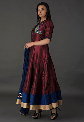 Resham Bhagalpuri Silk Abaya Style Suit in Wine