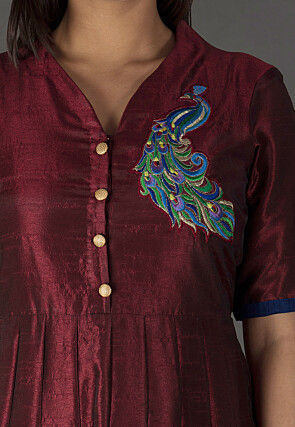 Resham Bhagalpuri Silk Long Kurta in Wine