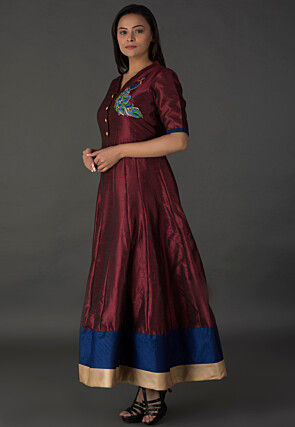 Resham Bhagalpuri Silk Long Kurta in Wine