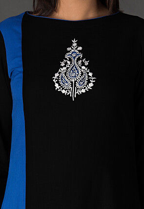 Resham Rayon Slub A Line Suit in Black and Blue