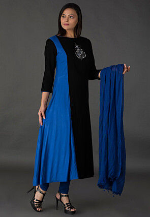 Resham Rayon Slub A Line Suit in Black and Blue