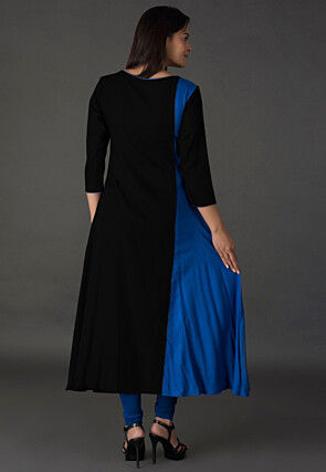 Resham Rayon Slub A Line Suit in Black and Blue
