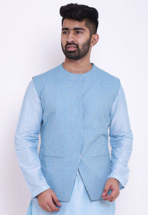 Reversible Linen Cotton Nehru Jacket in Sky Blue