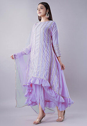 Ruffled Art Silk Asymmetric Punjabi Suit in Light Purple