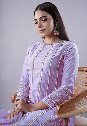 Ruffled Art Silk Asymmetric Punjabi Suit in Light Purple