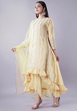 Ruffled Art Silk Asymmetric Punjabi Suit in Light Yellow