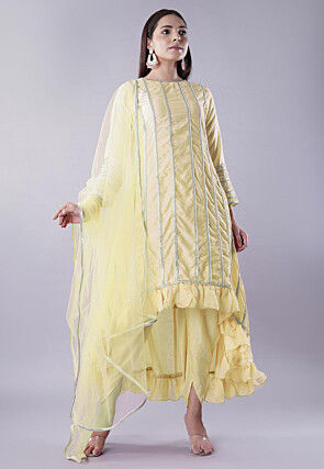 Ruffled Art Silk Asymmetric Punjabi Suit in Light Yellow