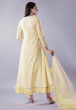 Ruffled Art Silk Asymmetric Punjabi Suit in Light Yellow