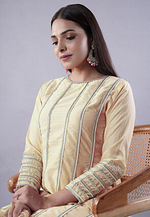 Ruffled Art Silk Asymmetric Punjabi Suit in Light Yellow