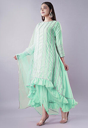 Ruffled Art Silk Asymmetric Punjabi Suit in Pastel Green