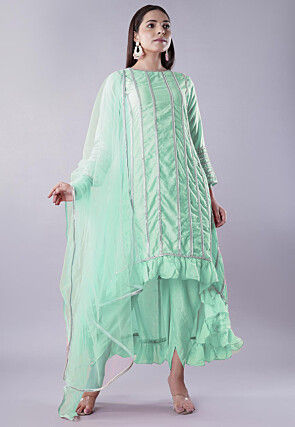 Ruffled Art Silk Asymmetric Punjabi Suit in Pastel Green