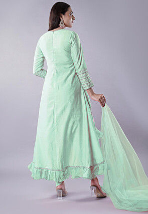 Ruffled Art Silk Asymmetric Punjabi Suit in Pastel Green