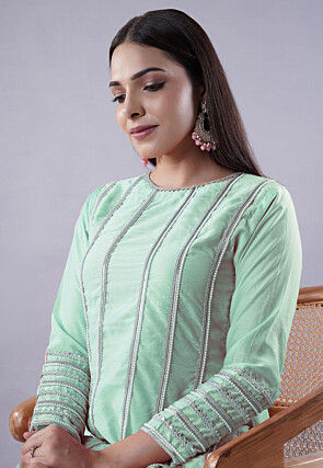 Ruffled Art Silk Asymmetric Punjabi Suit in Pastel Green