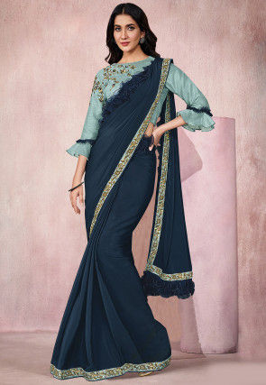 Ruffled Border Georgette Silk Pre-stitched Saree in Dark Blue