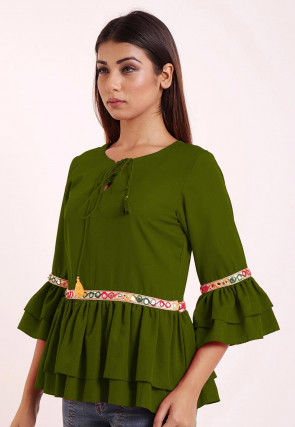 Ruffled Crepe Peplum Style Top in Green