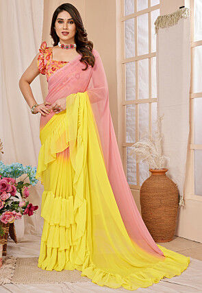 Ruffled Georgette Saree in Shaded Peach and Yellow