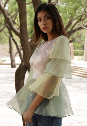 Ruffled Net Peplum Style Top in Light Beige and Light Olive Green