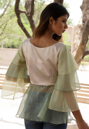 Ruffled Net Peplum Style Top in Light Beige and Light Olive Green