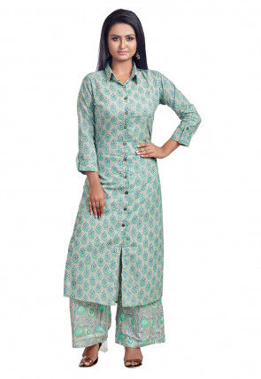 Sanganeri Printed Cotton Kurta with Palazzo in Light Fawn and Turquoise