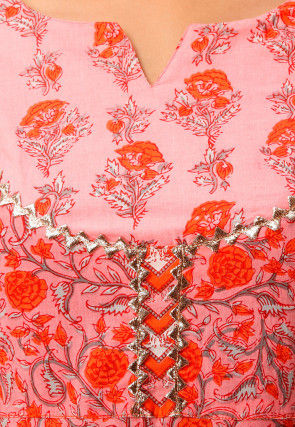 Sanganeri Printed Cotton Kurta with Palazzo in Peach and Orange