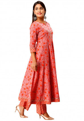Sanganeri Printed Cotton Kurta with Palazzo in Peach and Orange