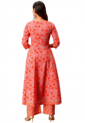 Sanganeri Printed Cotton Kurta with Palazzo in Peach and Orange