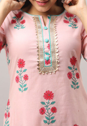 Sanganeri Printed Cotton Kurti with Palazzo in Baby Pink