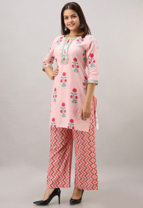 Sanganeri Printed Cotton Kurti with Palazzo in Baby Pink