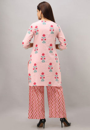 Sanganeri Printed Cotton Kurti with Palazzo in Baby Pink