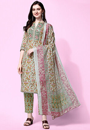 Sanganeri Printed Pure Cotton Pakistani Suit in Dusty Green