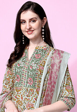 Sanganeri Printed Pure Cotton Pakistani Suit in Dusty Green
