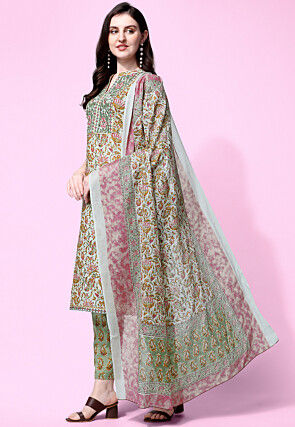 Sanganeri Printed Pure Cotton Pakistani Suit in Dusty Green