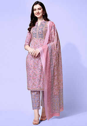 Sanganeri Printed Pure Cotton Pakistani Suit in Pink