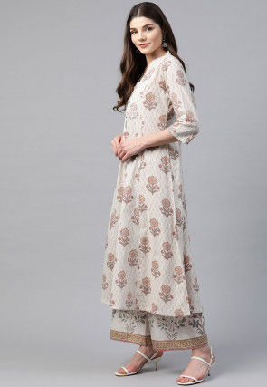 Sanganeri Printed Pure Cotton Kurta with Palazzo in Off White