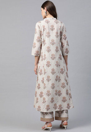 Sanganeri Printed Pure Cotton Kurta with Palazzo in Off White