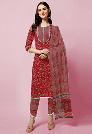 Sanganeri Printed Pure Cotton Pakistani Suit in Coral Red