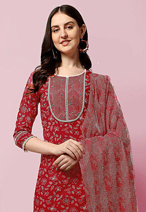 Sanganeri Printed Pure Cotton Pakistani Suit in Coral Red