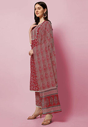 Sanganeri Printed Pure Cotton Pakistani Suit in Coral Red