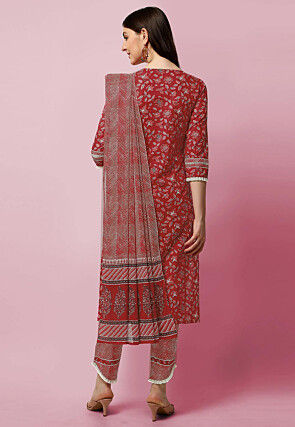 Sanganeri Printed Pure Cotton Pakistani Suit in Coral Red