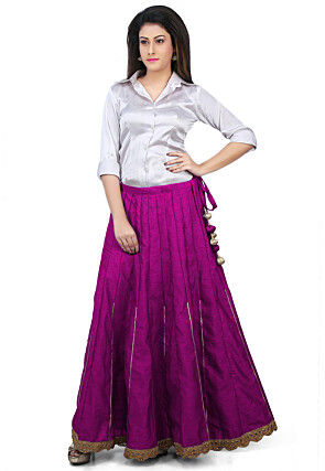 Scallop Border Bhagalpuri Silk Long Skirt in Magenta