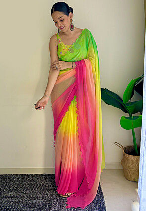 Scalloped Georgette Saree in Multicolor